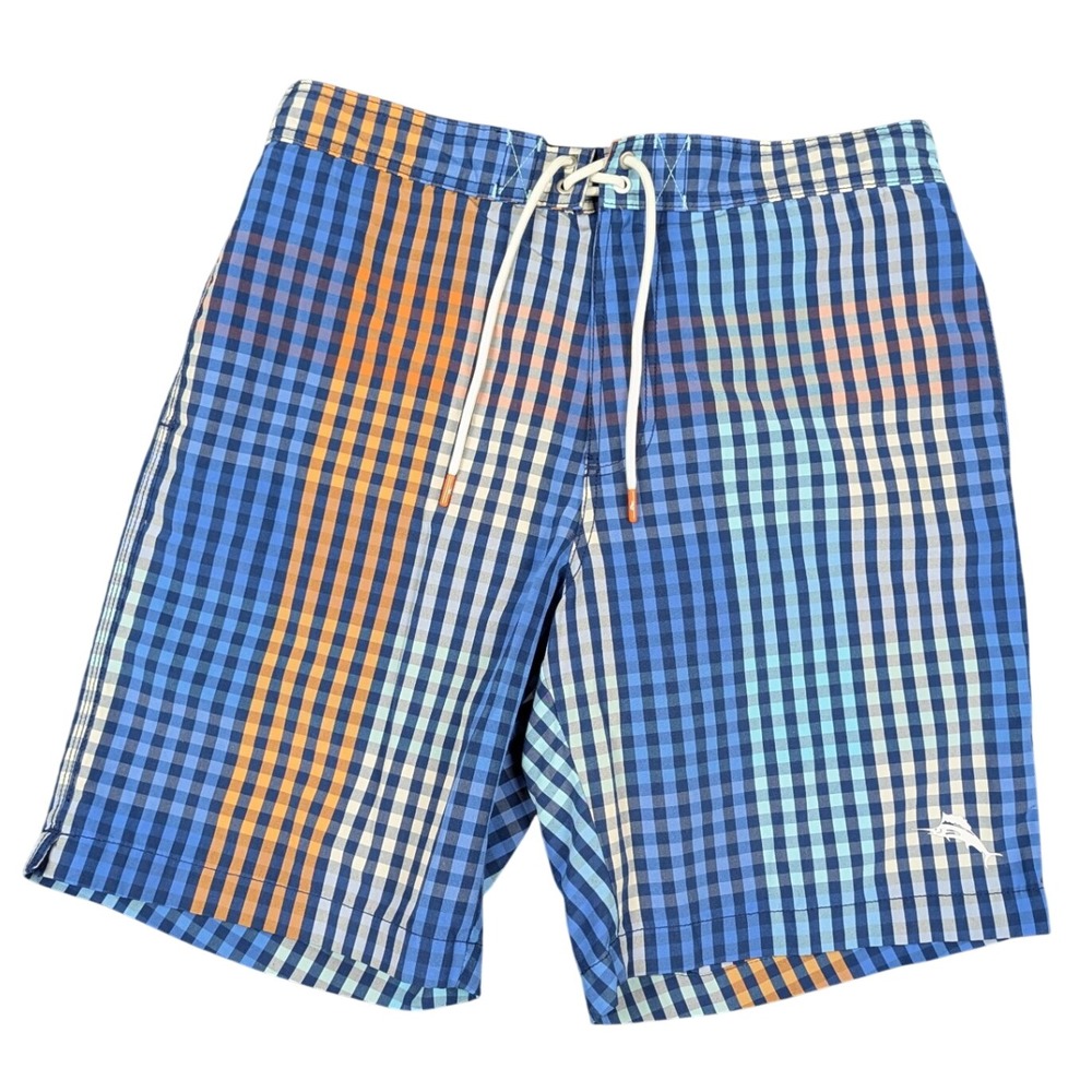 Tommy Bahama Mens Blue‎ Orange Gingham Plaid Swim Trunks Board Shorts Medium